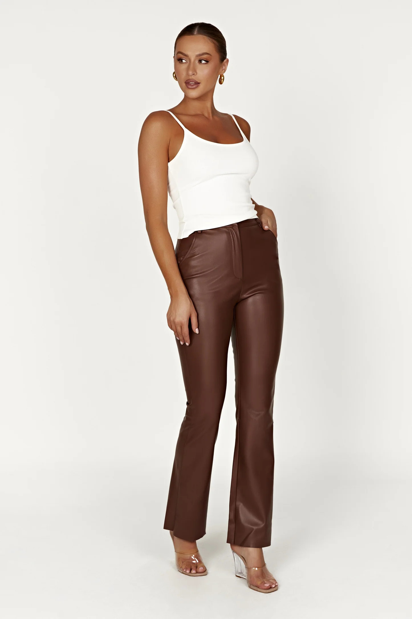Tyra Straight Leg Faux Leather Pants - Chocolate | MESHKI US