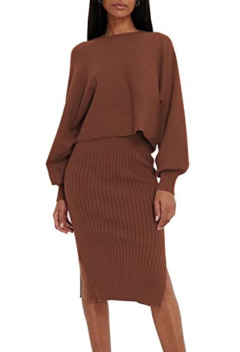 Pink Queen Women's 2 Piece Sweater Skirt Set Long Sleeve Pullover Top Ribbed Knit Bodycon Midi Dress Coffee S | Amazon (US)
