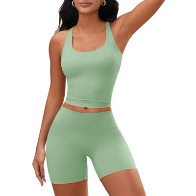 Imily Bela Womens 2 Piece Workout Sets Cross Back Padded Halter Tank Tops High Waisted Biker Yoga Shorts Gym Outfits Green L | Target
