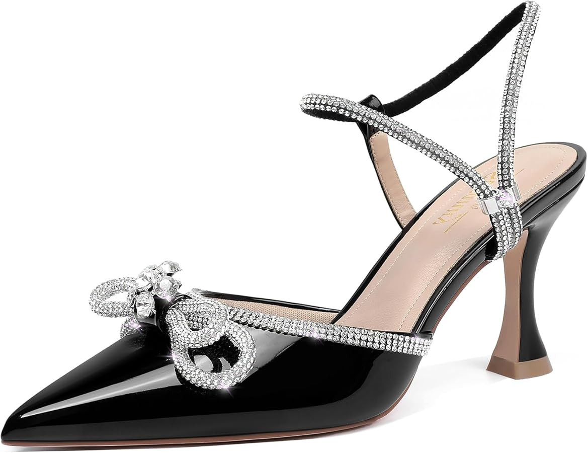 Susanny Women's Closed Toe Rhinstone Wedding Low Heel Slingback Clear Kitten Heels,Adjustable Str... | Amazon (US)