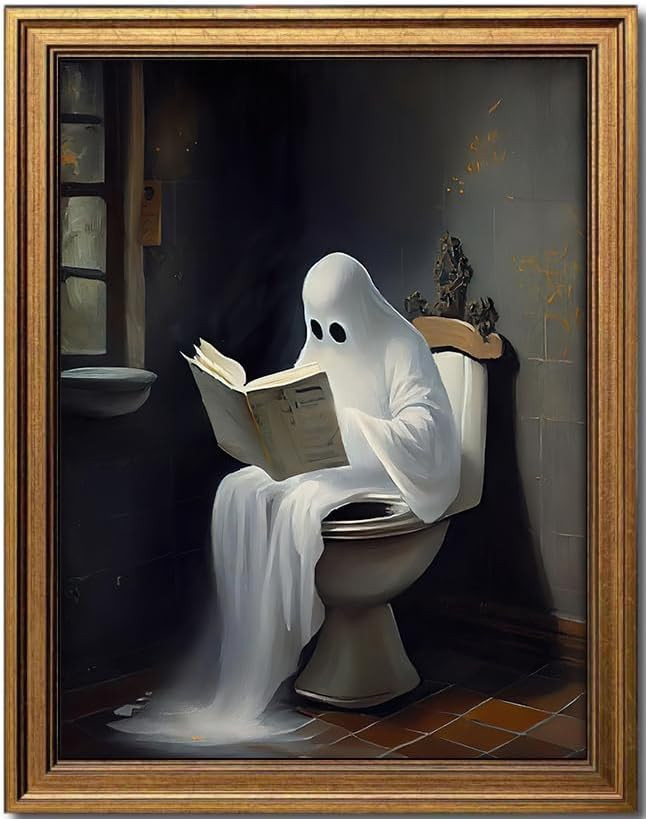KBKBART Framed Canvas Wall Art, Vintage Cute Ghost on Toilet Reading Books Gothic Aesthetic Poste... | Amazon (US)