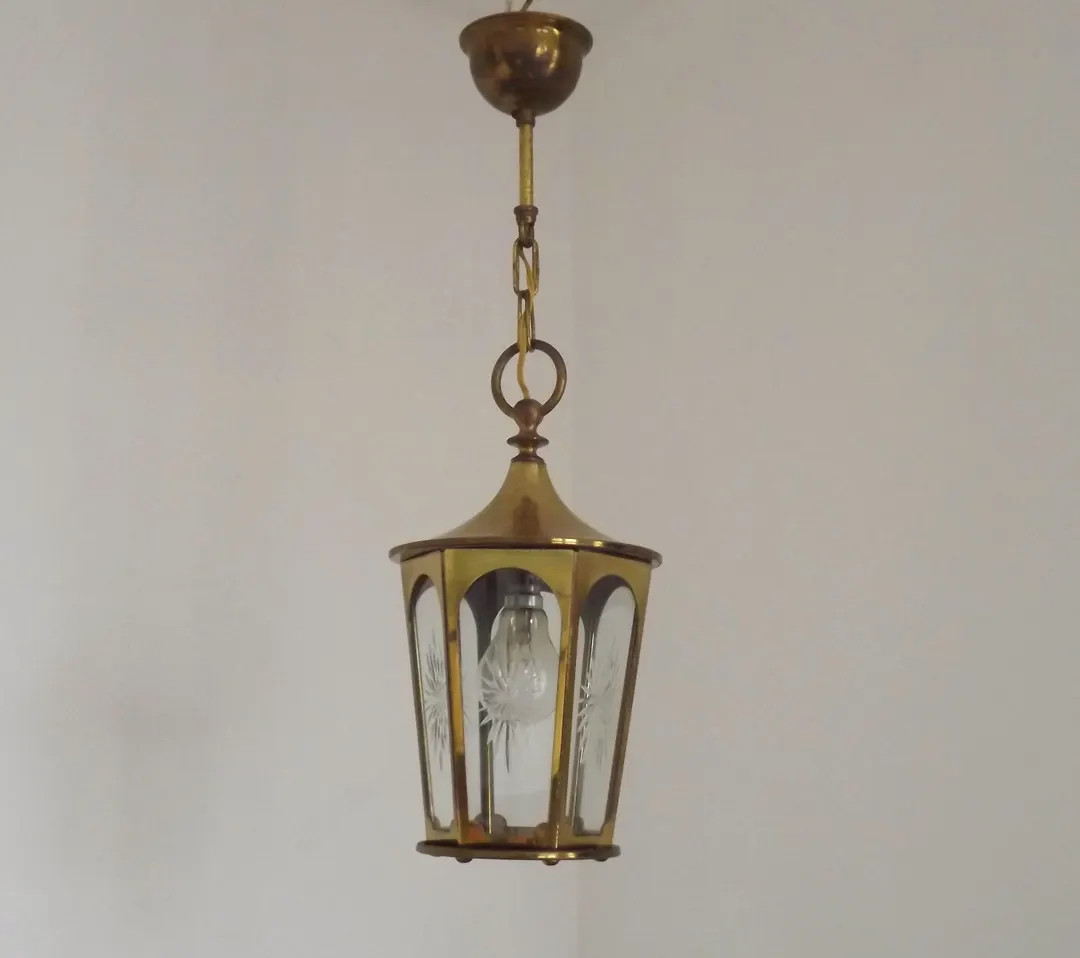 French Mid Century Brass & Metal Hanging Lantern Light With 6 Starburst Glass Panels | Etsy (US)