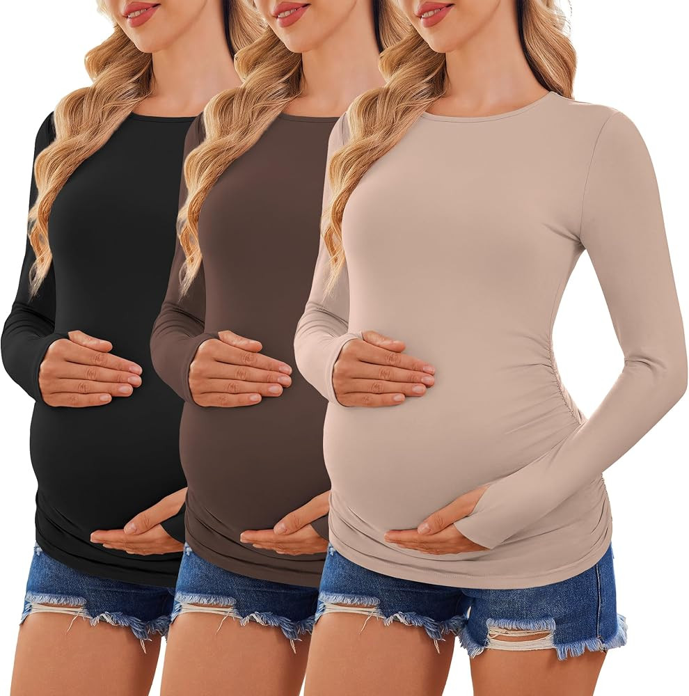 Ekouaer Womens 3 Pack Long Sleeve Maternity Shirts Crew Neck Pregnancy Clothes Side Ruched Workou... | Amazon (US)