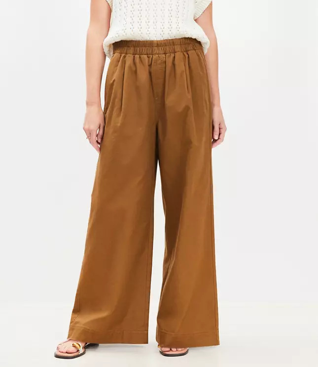 Pleated Pull On Wide Leg Pull On Pants in Twill | LOFT