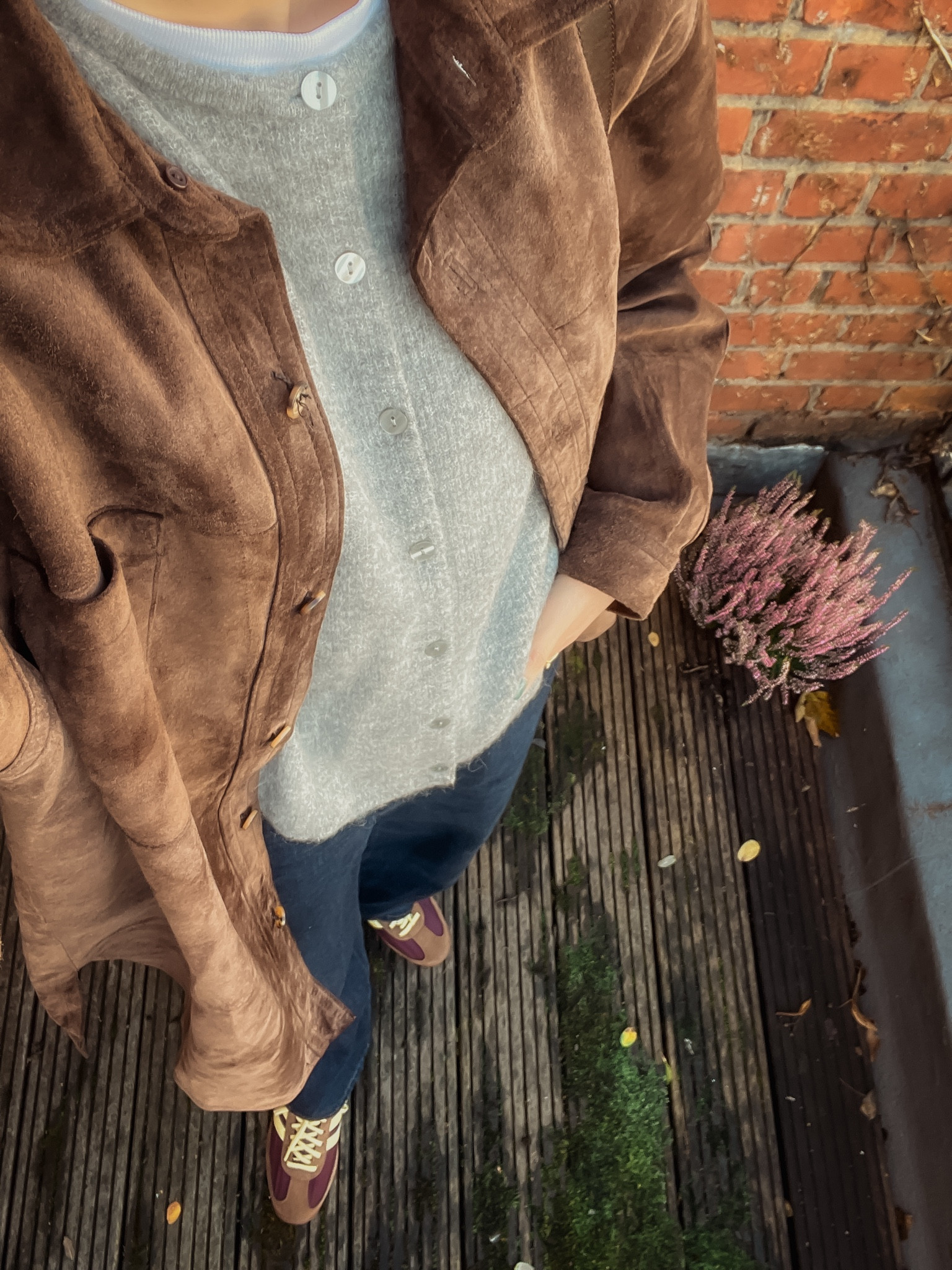 September Fall Outfit - brown suede jacket grey cardigan and dark jeans 💙🤎🍂

#LTKuk #LTKstyletip #LTKautumn