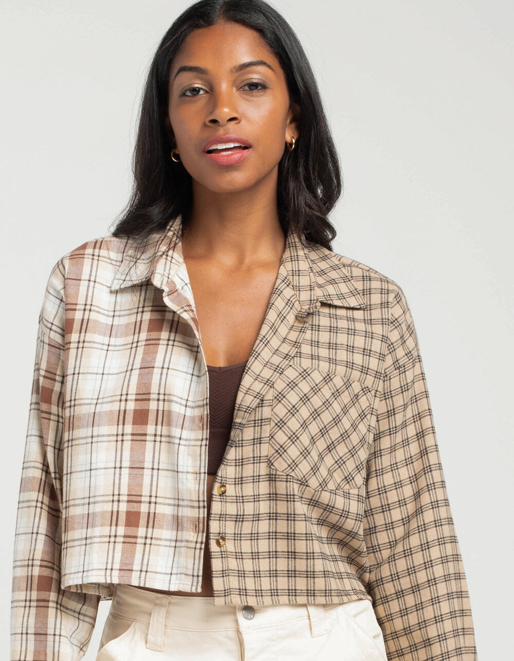 RSQ Spliced Womens Brown Crop Flannel Shirt | Tillys