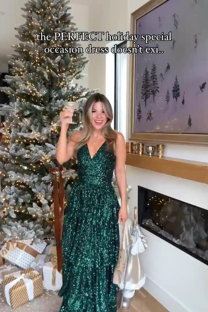Green sequence deep v neckline tiered dress holiday formal event dresses special occasion winter special occasion dress

Wearing my usual small.

Dibs code: Emerson [unbothered bronze & strawberry summer

#LTKSeasonal #LTKParties #LTKHoliday