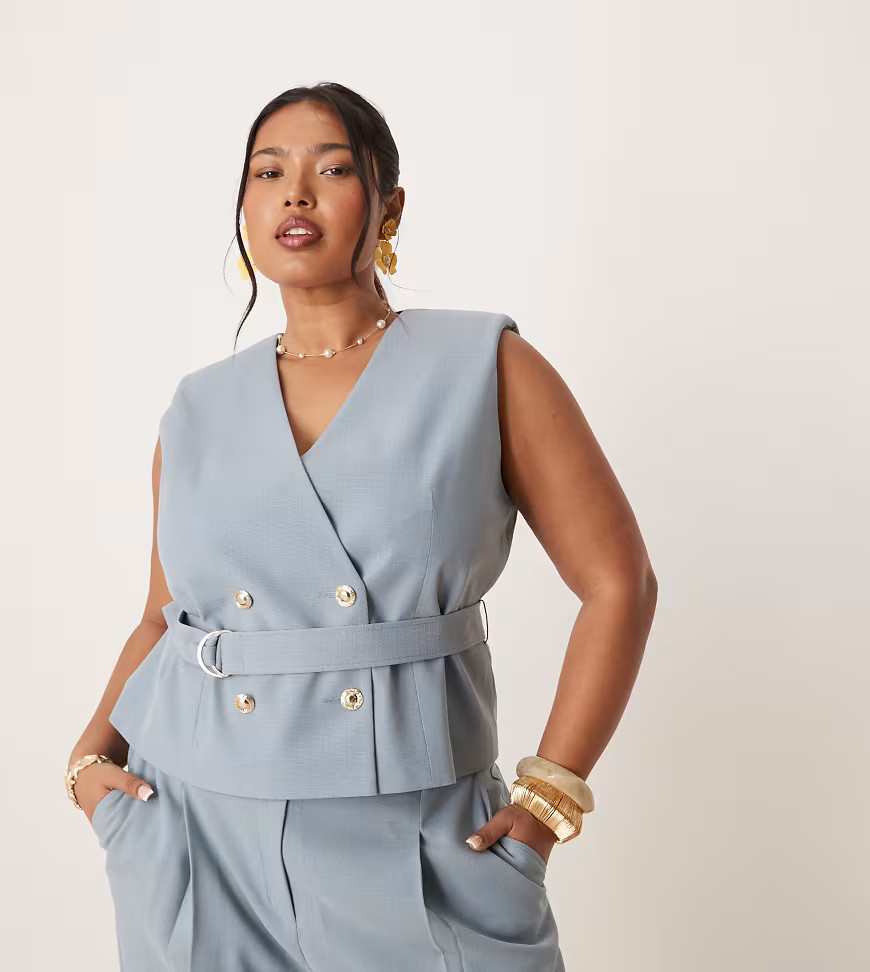 ASOS DESIGN Curve linen look tie waistcoat co-ord in blue | ASOS (Global)