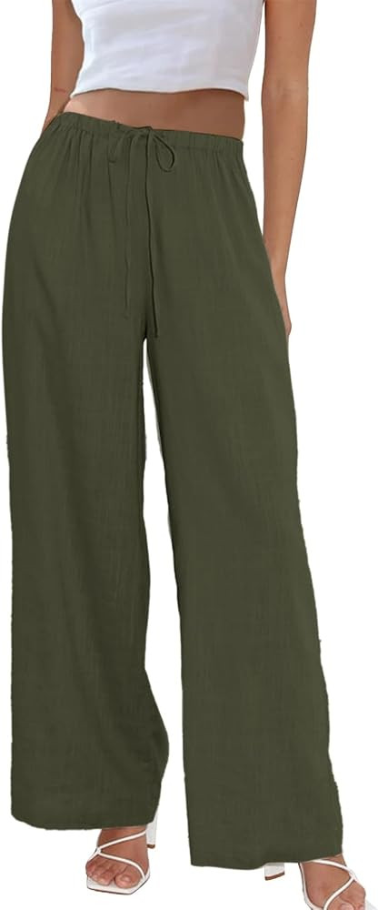 Duyang Womens Cotton Linen Palazzo Pants Drawstring Elastic Waist Casual Wide Leg Trousers with P... | Amazon (US)