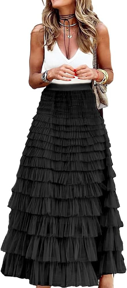 Long Tulle Skirt for Women Trendy High Waisted A Line Fluffy Fairy Mesh Layered Ruffle Skirt | Amazon (US)