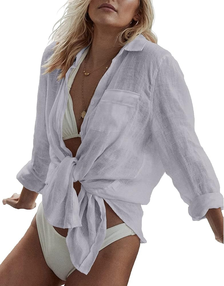 Hount Women's Swimsuits Cover ups Shirts Bathing Suit Beachwear Button Down Shirt Long Sleeve Blo... | Amazon (US)