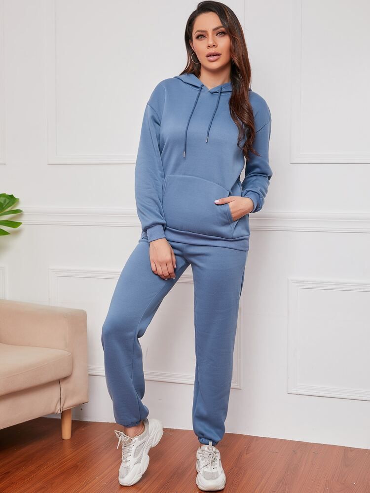 Solid Pocket Drawstring Hoodie & Sweatpants | SHEIN