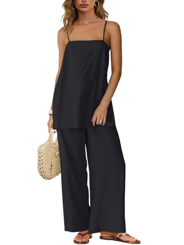 Amazon.com: Dokuritu Linen Sets for Women 2 Piece Summer Spaghetti Strap Top Wide Leg Pants Set B... | Amazon (US)