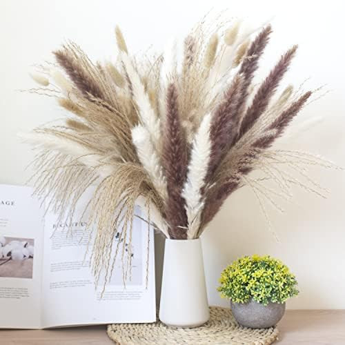 100 PCS Natural Dried Pampas Grass- Contains White & Brown Pampas/ Reed Grass/Bunny Tail Grass，... | Amazon (US)
