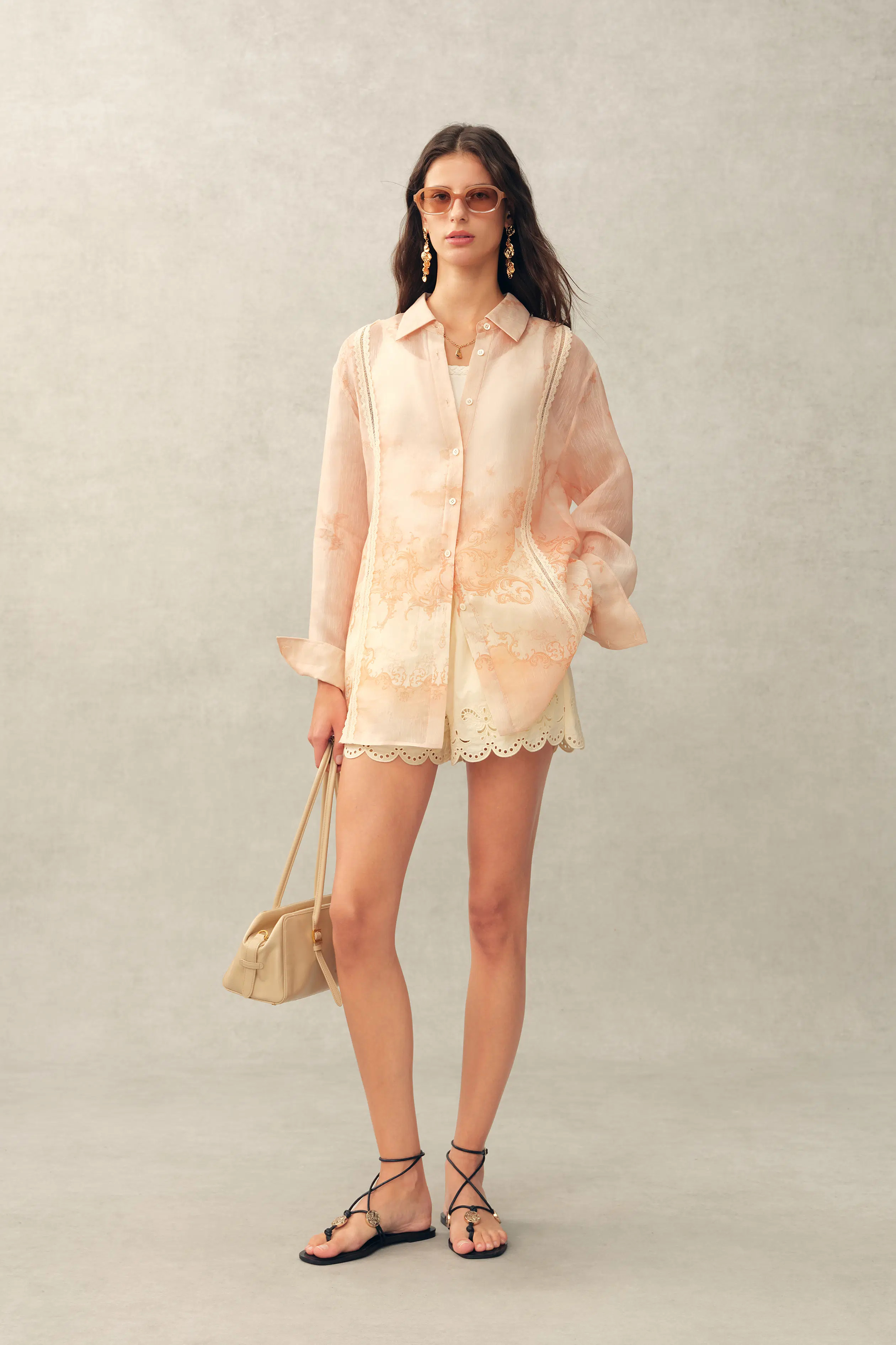 Celeste Handpainted Floral Loose Shirt in Silk Linen Organza | Fabrique