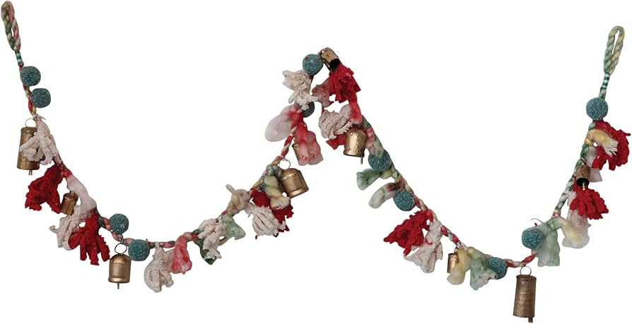 Creative Co-Op Handmade Wool and Cotton Blend Garland with Pom Poms and Metal Bells, Multicolor a... | Amazon (US)
