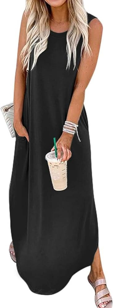Women's Loose Sundress Long Dress Sleeveless Split Maxi Dresses 2025 Summer Beach Dress with Pock... | Amazon (US)