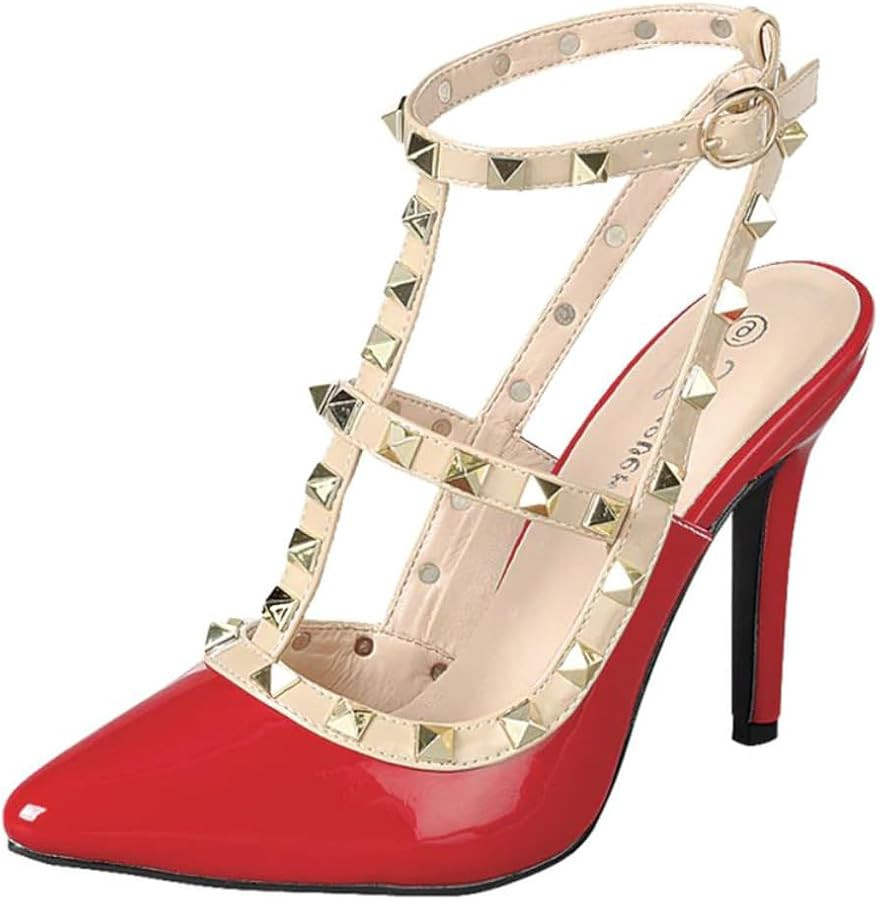 Forever Shoes Women Stiletto High Heels Pointy Toe Studded Pumps Ankle Strap Two Tone Biege Gold ... | Amazon (US)