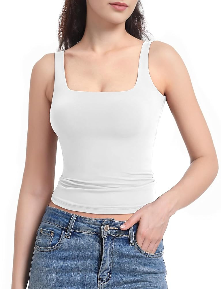 AURUZA Tank Tops for Women, Square Neck Tank Top Double Lined Basic Tops Sleeveless Workout Summe... | Amazon (US)
