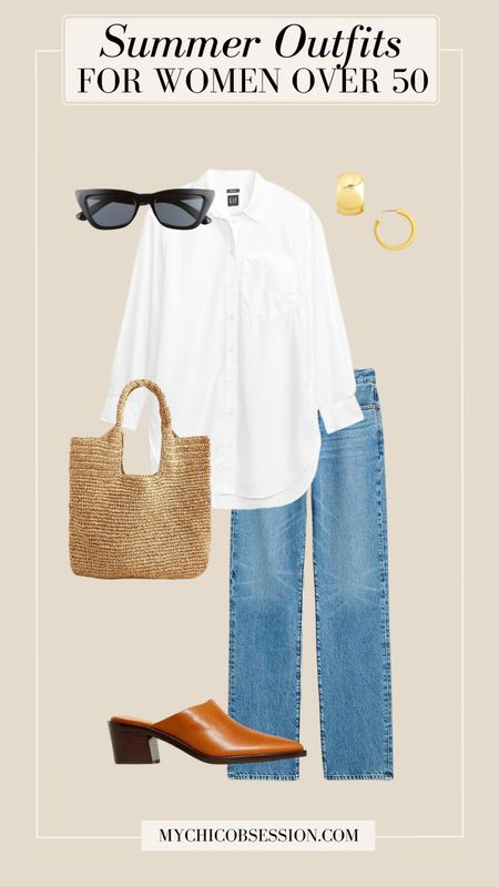 A white button-down is the perfect summer piece for all of your favorite look. If you like a minimalistic look, pair it with straight-leg jeans, a straw tote, classic sunglasses, gold hoops, and leather mules.

#LTKSeasonal #LTKover40 #LTKstyletip