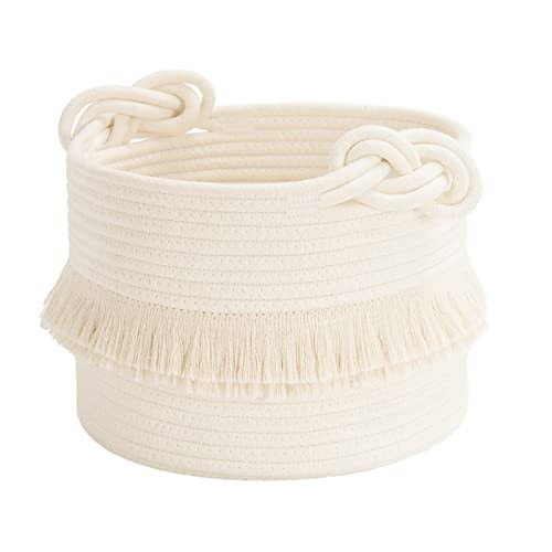 CherryNow Small Woven Storage Baskets, 9.5'' x 7'' inches Cotton Rope Decorative Hamper for Diaper, Blankets, Magazine and Keys, Cute Tassel Nursery Decor - Home Storage Container, Off-white | Amazon (US)