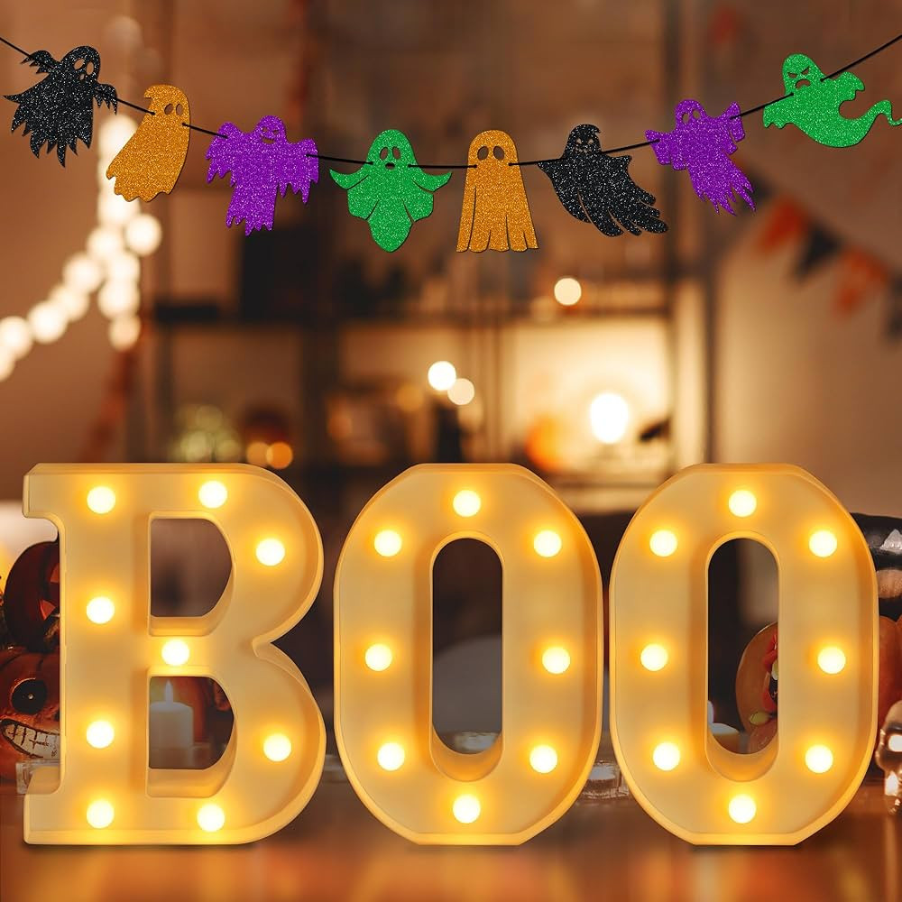 Halloween Decorations - Led Marquee Light up Letters “Boo” Lights + Ghost Banner for Home Ind... | Amazon (US)