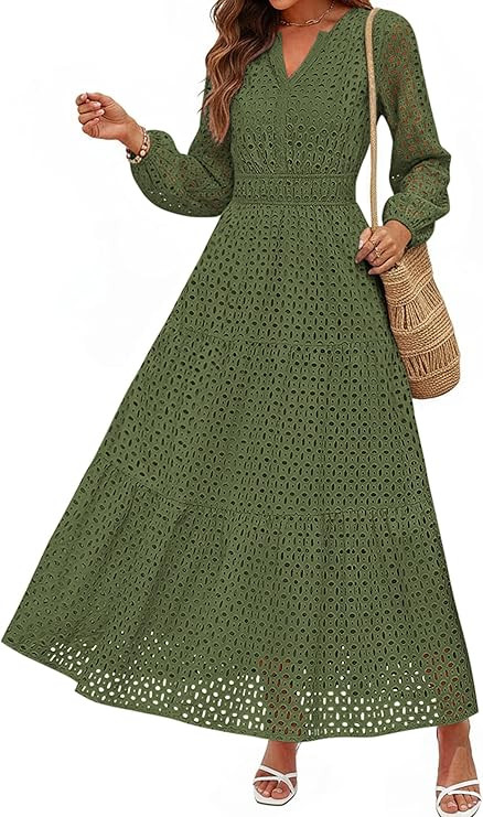 PRETTYGARDEN Women's Long Sleeve Maxi Dress V Neck Hollow Out Eyelet A Line Long Flowy 2026 Sprin... | Amazon (US)