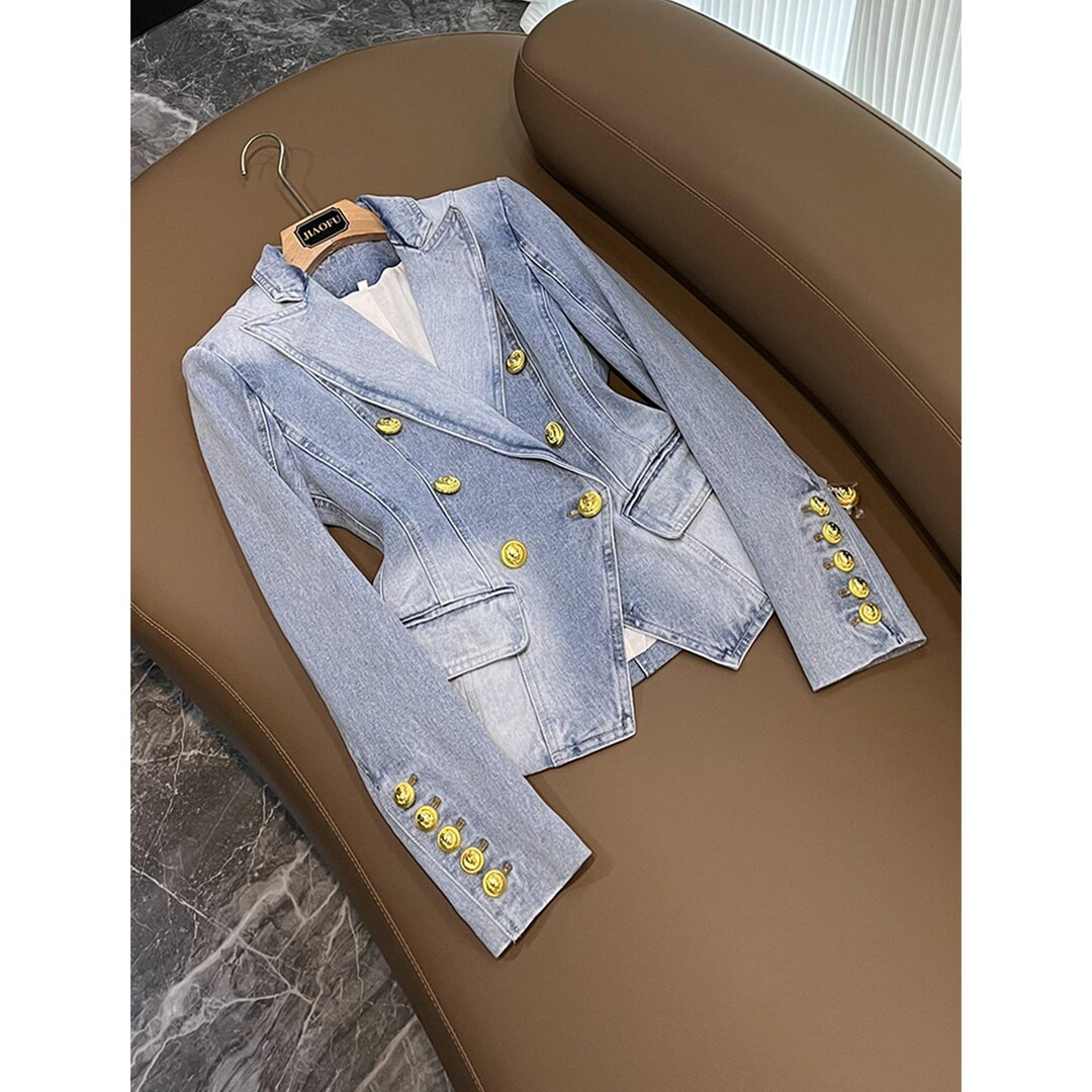 Denim Jacket Blazer Women western suit jacket  Slim fit Double Breasted Lion Button business work... | Etsy (UK)