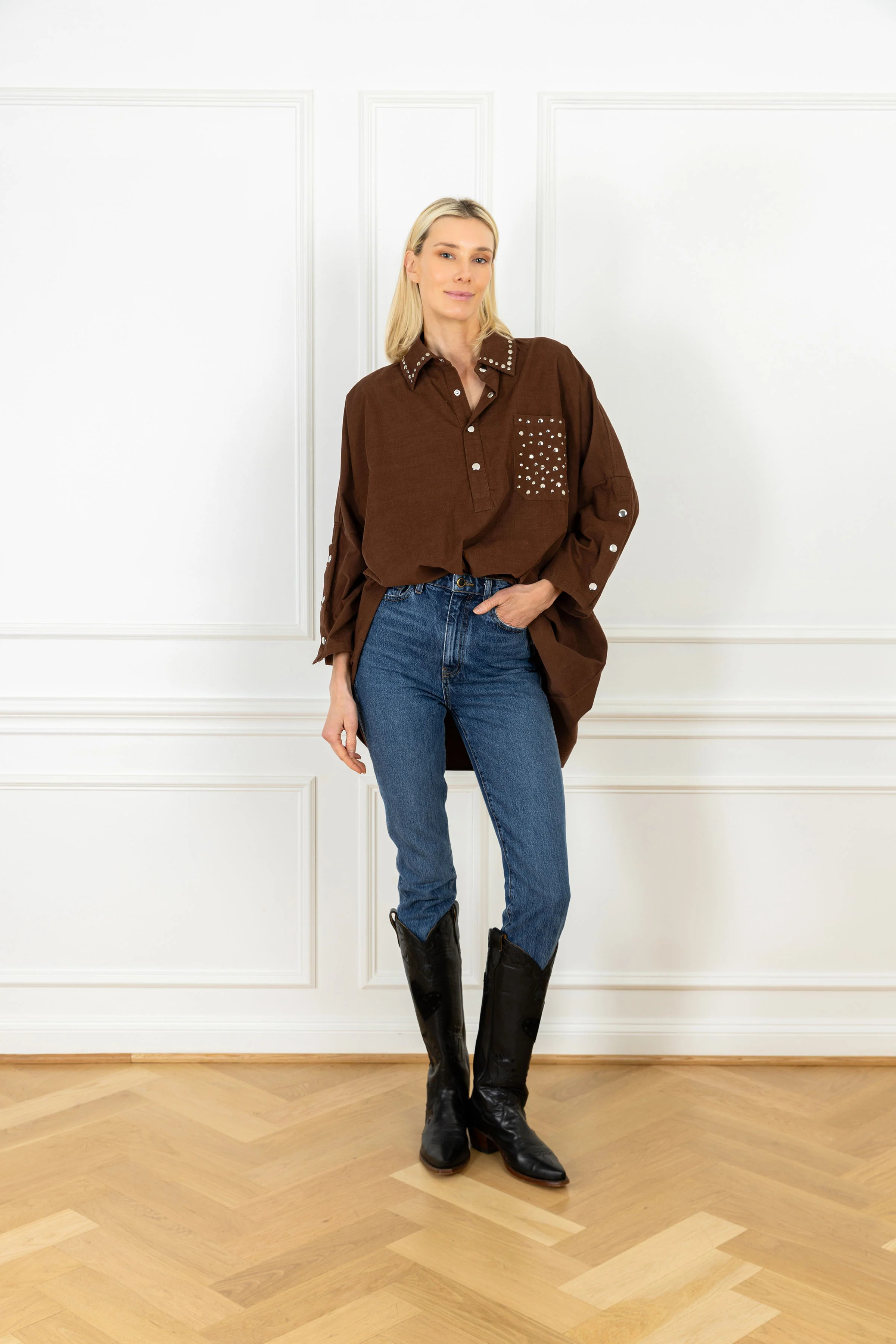 Studded Corduroy Boyfriend Shirt | La Vie Style House