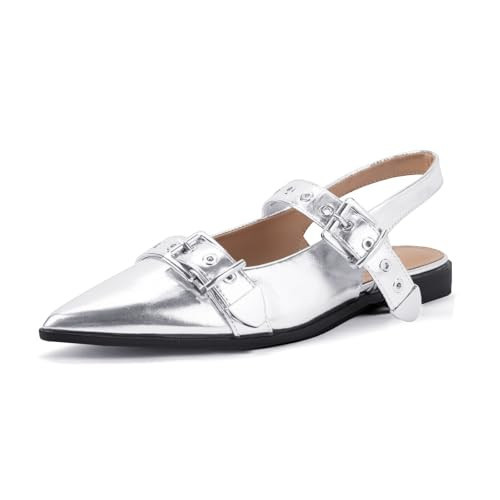 PODAIK Women's Buckle Ballet Flats Pointed Closed Toe Slingback Shoes with Low Heel Comfortable Dress Flats(6,Silver) | Amazon (US)