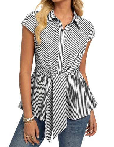 GRACE KARIN Striped Button Down Shirts Women,Short Sleeve Peplum Tops Business Casual,Tie Front W... | Amazon (US)