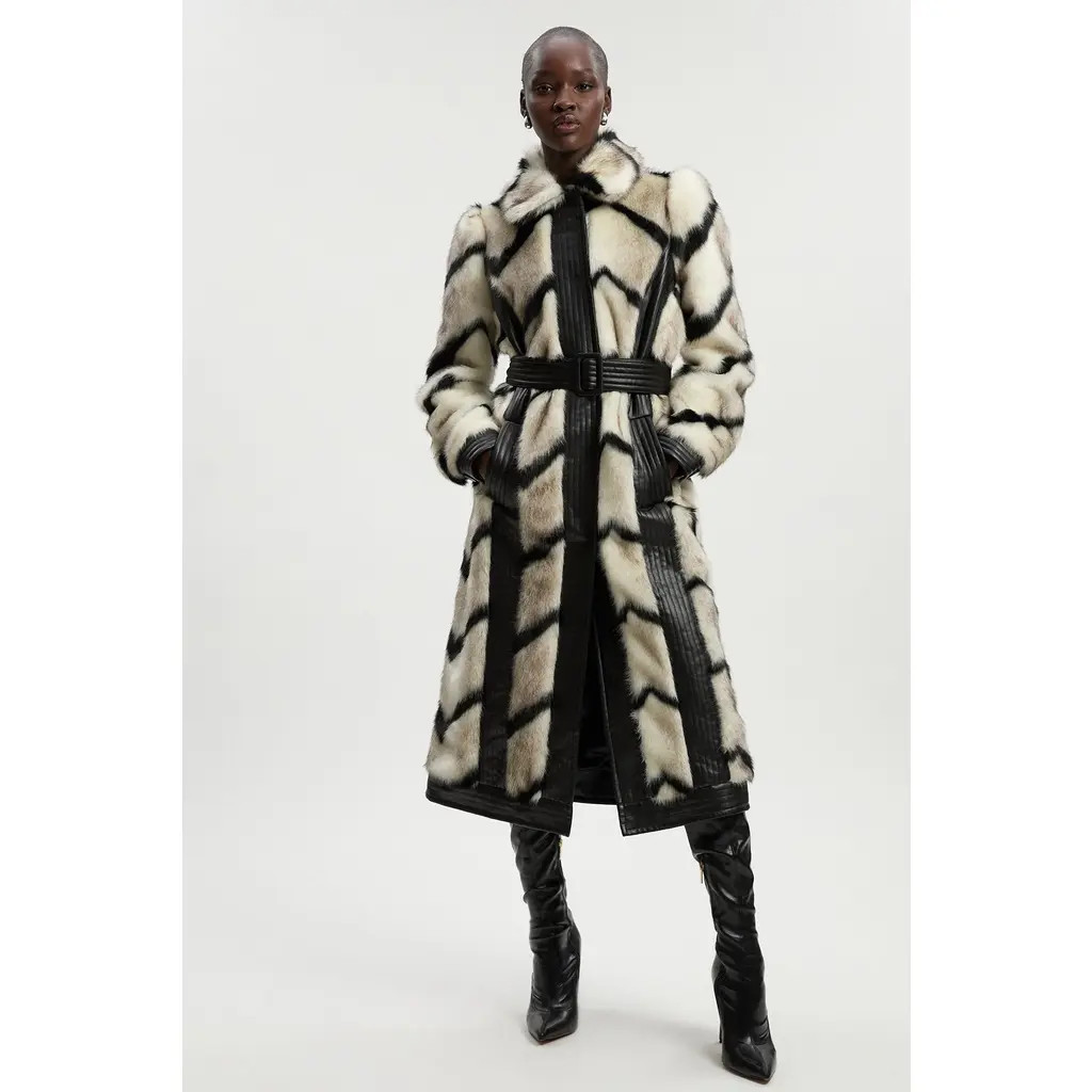 Karen Millen Stripe Faux Fur Belted Long Coat in Mono at Nordstrom, Size 4 | Nordstrom