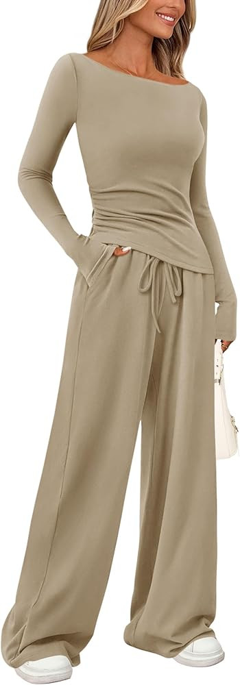 PRETTYGARDEN Women's 2 Piece Lounge Sets T Shirt Wide Leg Pants Tracksuit | Amazon (US)