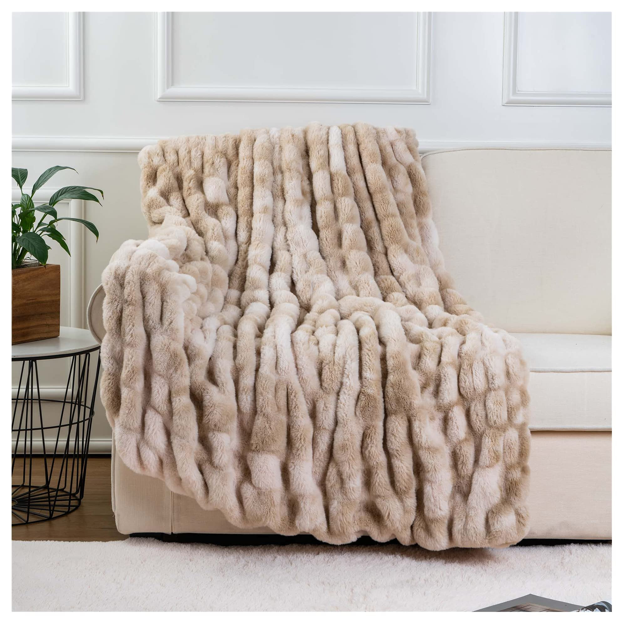 BATTILO HOME Ruched Luxurious Soft Beige Faux Fur Throw Blanket Fuzzy Plush Elegant with Reversib... | Amazon (US)