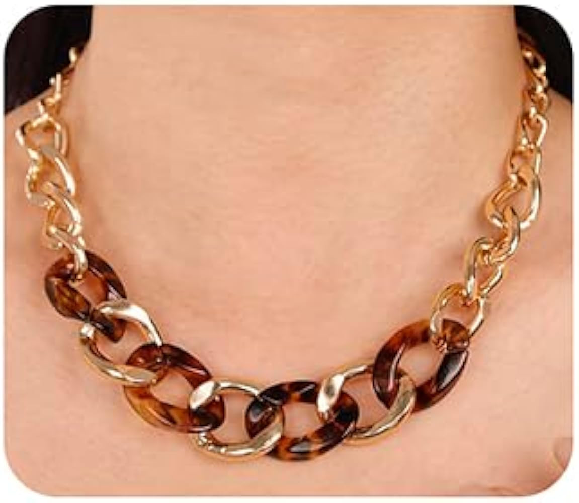 Wiwpar Gold Long Necklaces for Women Acrylic Tortoise Link Collar Necklace Acetate Leopard Print ... | Amazon (US)
