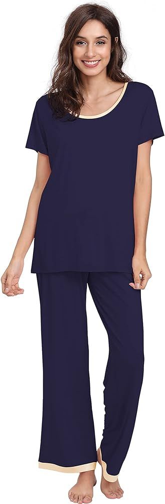 GYS Women's Sleepwear Scoop Neck Short Sleeve Pajama Set with Pants | Amazon (US)