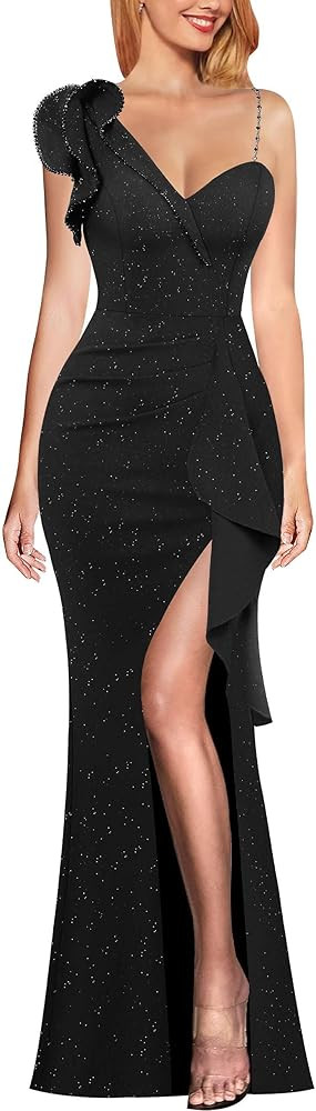 VFSHOW Womens Formal Prom Elegant Ruffle One Shoulder Beaded Strap Ruched Slit Maxi Dress Wedding... | Amazon (US)