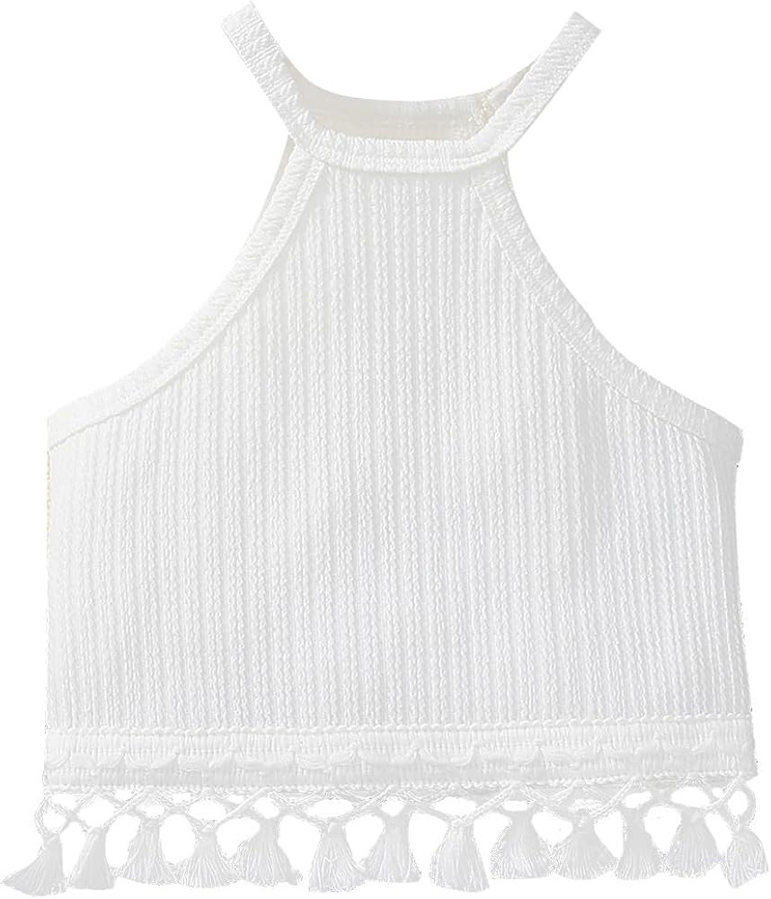 Girl's Boho Crochet Lace Trim Tank Tops Sleeveless Fringe Trim Halter Top Summer Cami Crop Tops | Amazon (US)