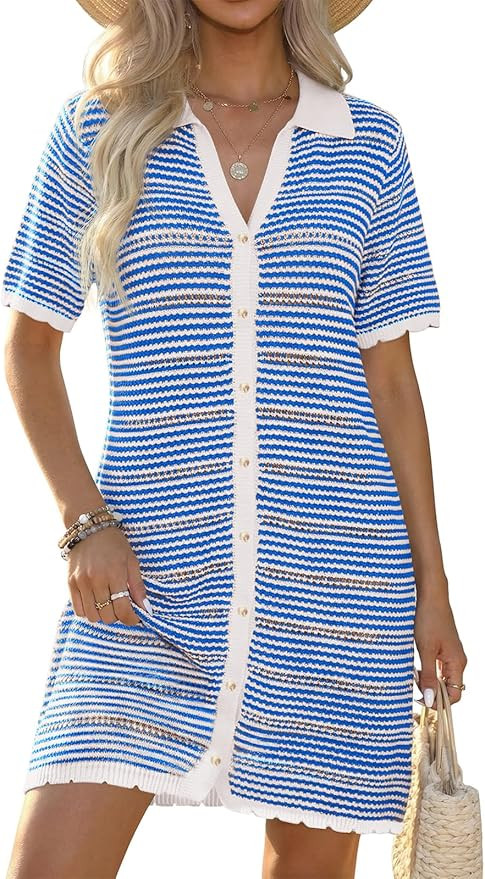 Fisoew Womens Crochet Swimsuit Coverup Summer Beach Bathing Suit Hollow Out Button Down Short Sle... | Amazon (US)