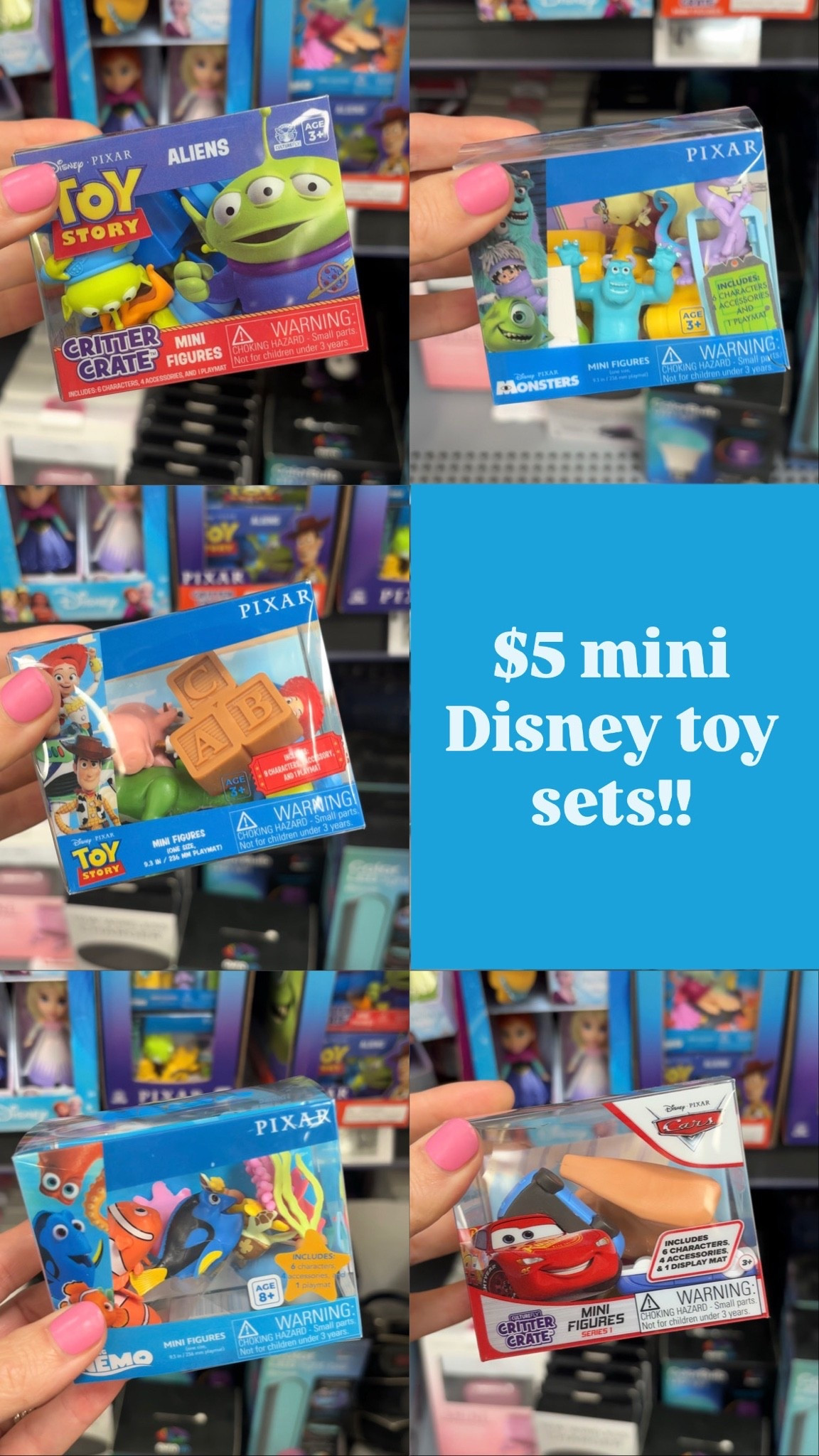 These $5 mini Disney toy sets are such a hit with archer! I hope they come out with more!! I had to buy all of them! 
They are kind of hidden! I went to the regular check out line & just so happened to see them on the very bottom shelf! 

#walmartkids #walmarttoys #walmartsummerfinds

#LTKmomlife #LTKKids #LTKstorytime