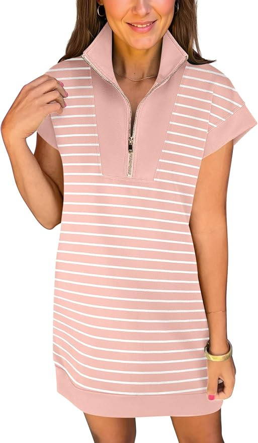 ANRABESS Womens Summer Casual Half Zip Cap Sleeve Trendy Wrinkle-Free Tshirt Dress 2026 Spring Be... | Amazon (US)