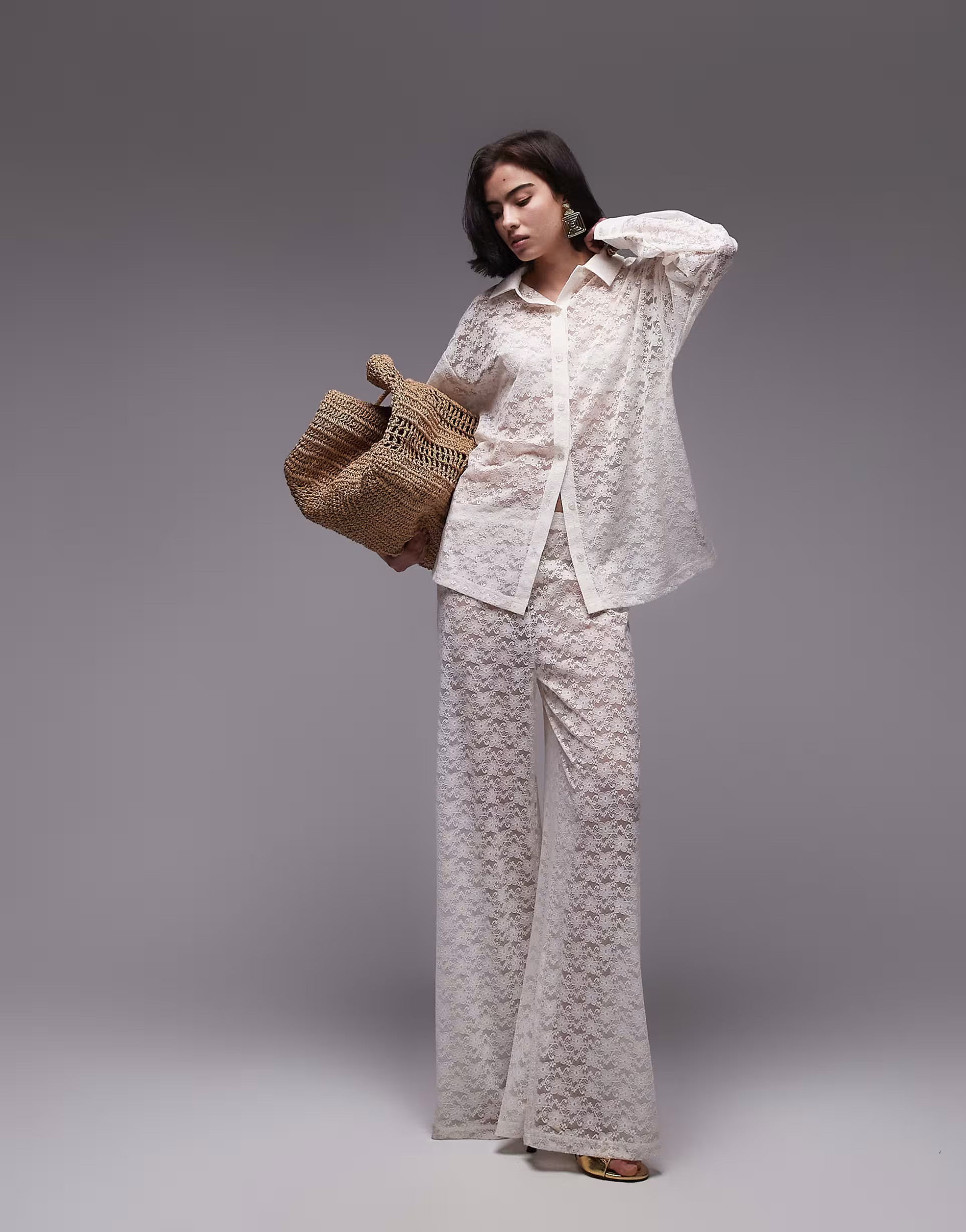 Topshop co-ord lace straight leg trousers in ecru | ASOS (Global)