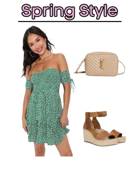 Spring style outfit. 
Sweetest feelings green floral off the shoulder mini dress, wedge sandals, and taupe crossbody handbag. 
This dress would be cute dressed down with some cute white sneakers  
Lulu’s dress. 
Spring dress. 
Festival style. 
Brunch style

#LTKfindsunder50 #LTKfindsunder100 #LTKstyletip