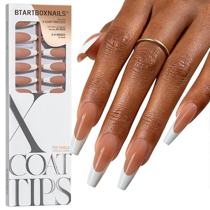 BTArtboxnails XCOATTIPS White French Tip Press On Nails, XL Coffin, Brown | Lamp-Curable, 4-Week ... | Amazon (US)