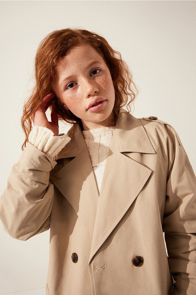 Double-breasted Trench Coat with Tie Belt - Long sleeve - Knee-length - Beige - Kids | H&M US | H&M (US + CA)