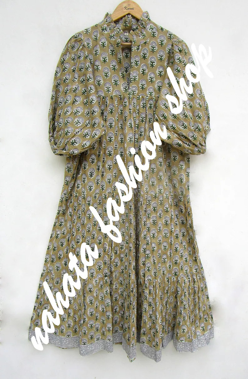 pale green botty printed cotton long maxi dress - v neckline maxi dress - 3/4th sleeve maxi dress | Etsy (Global)