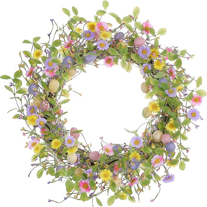 LLZLL 20" Easter Egg Wreath,Artificial Easter Wreaths for Front Door Colorful Daisy Flower Wreath... | Amazon (US)