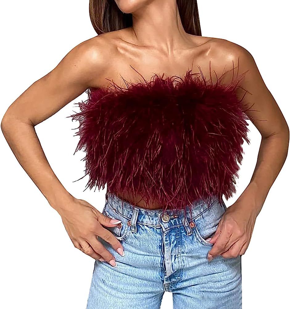 Sexy Tube Top for Women Faux Feather Fur Strapless Back Zipper Up Fuzzy Tight Crop Tank Top Plush... | Amazon (US)