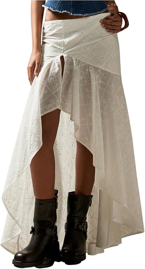 MakeMeChic Women's Ruffle Maxi Skirts Low Waist Asymmetrical Eyelet High Low Western Long Skirts | Amazon (US)
