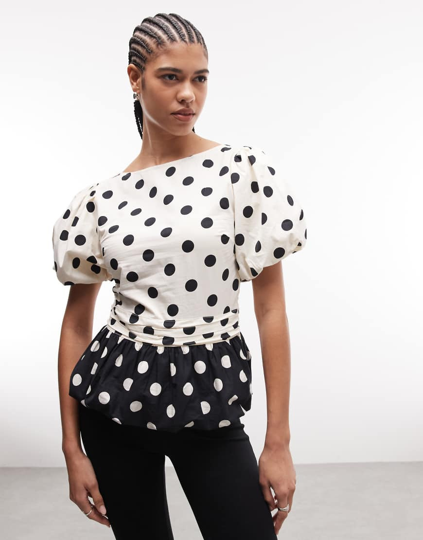 Reclaimed Vintage top with puff sleeve in black and white polka dot-Multi | ASOS (Global)
